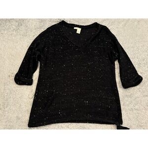 DKNY Jeans Womens Medium Black Silver Sequin Holiday Sparkle V-Neck Sweater